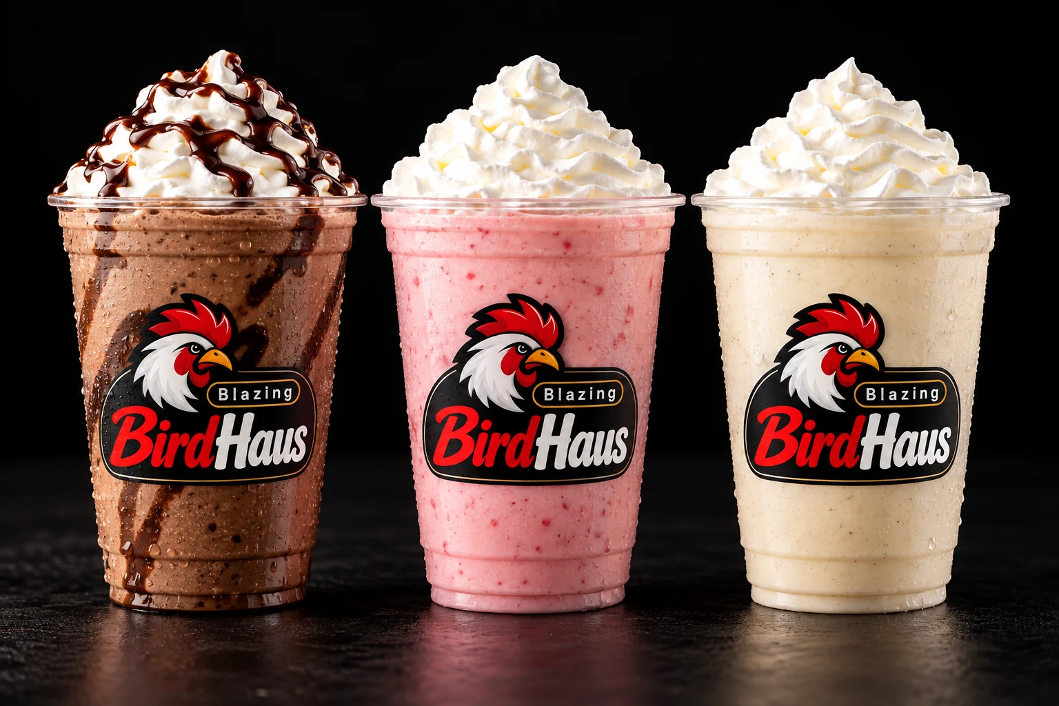 Chocolate, strawberry and vanilla milkshakes in BirdHaus cups