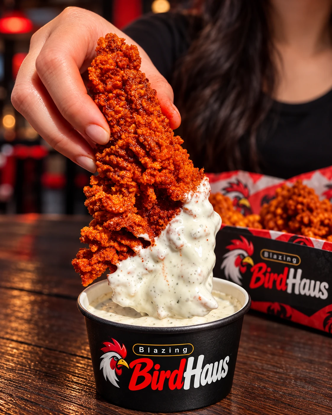 Red-spiced BirdHaus chicken tender dipped in creamy sauce in a branded black cup